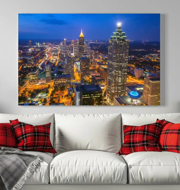 An elegant Atlanta City Blue Skyline Cityscape View Wall Art Canvas Print graces the wall, offering a sophisticated addition to your living space. Enjoy free shipping on this stylish piece.