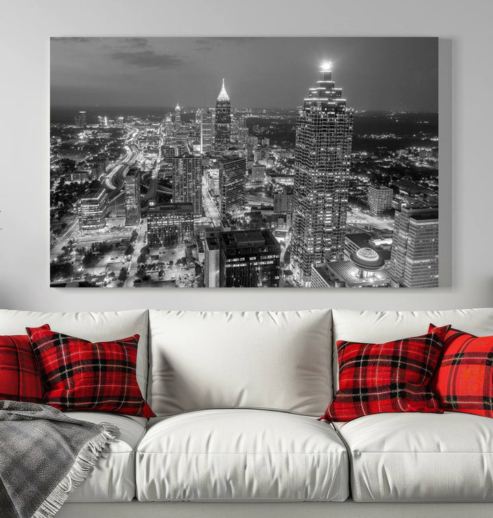 Atlanta City Skyline Art mural noir et blanc Paysage urbain Impression sur toile