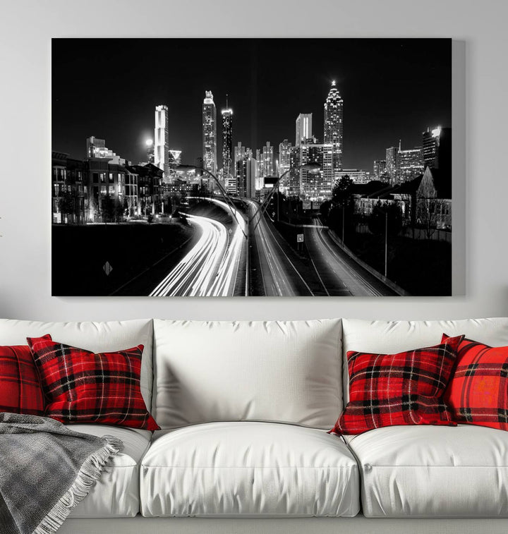 Atlanta City Lights Skyline Art mural noir et blanc Paysage urbain Impression sur toile