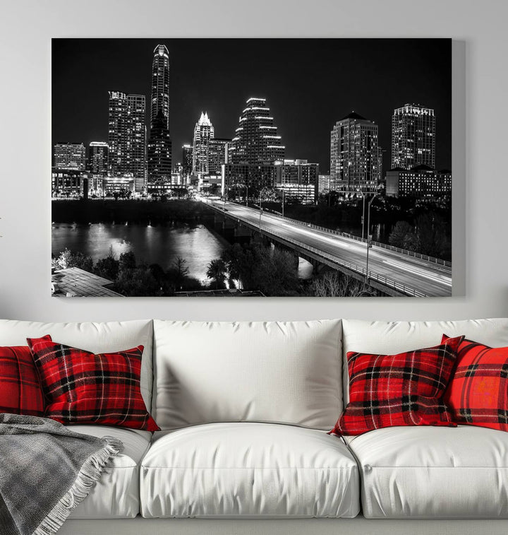 Austin City Lights Skyline Art mural noir et blanc Paysage urbain Impression sur toile