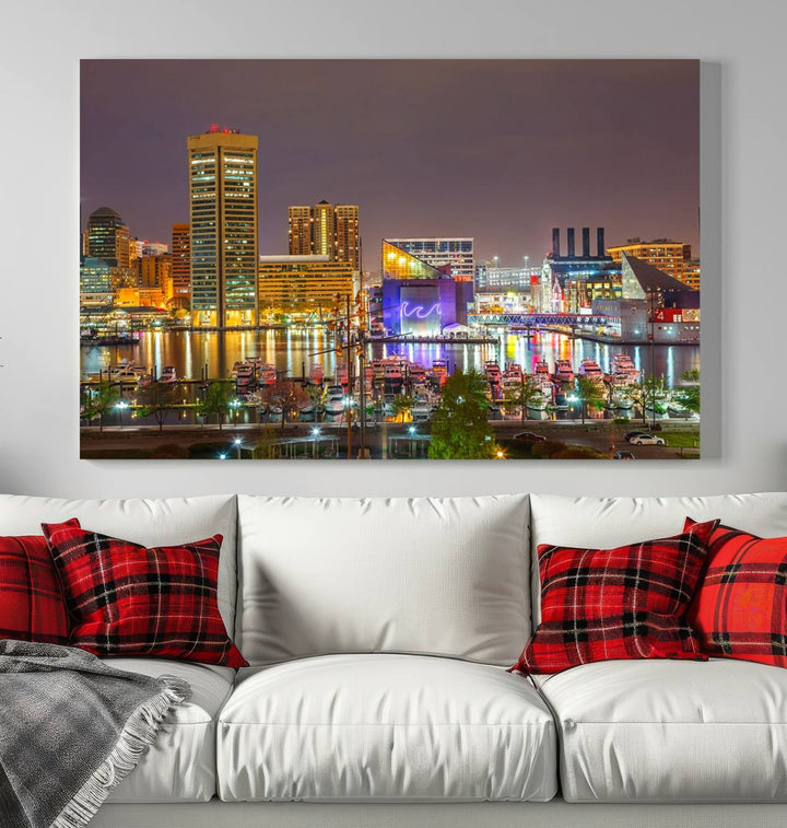 The Baltimore City Lights Night Skyline Cityscape View Wall Art Canvas Print is elegantly displayed on museum-quality canvas.