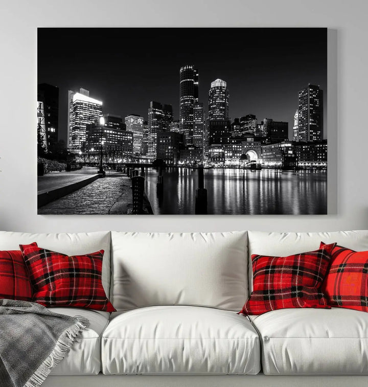 The living room showcases the Boston City Lights Skyline Black and White Wall Art Canvas Print.