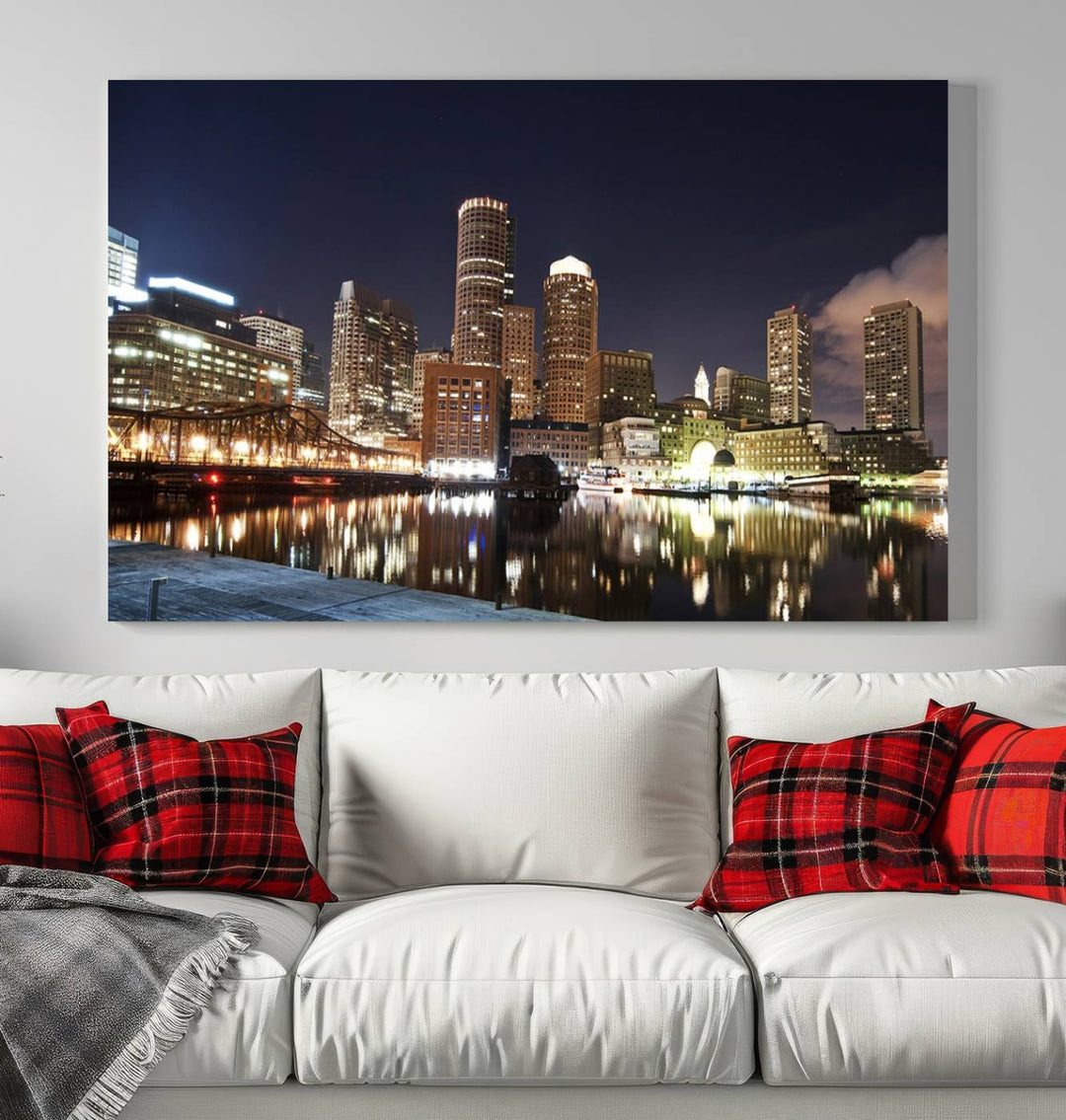 The Boston City Lights Skyline Cityscape View Wall Art Canvas Print showcases a nighttime cityscape on museum-quality canvas.