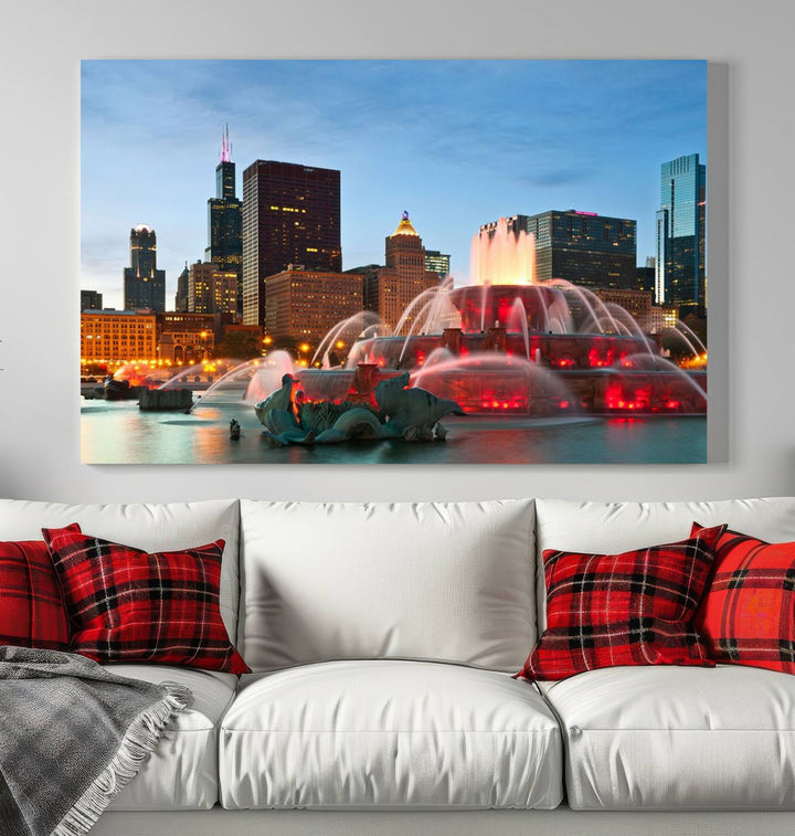 Chicago City Lights Night Skyline Cityscape View Wall Art Canvas Print