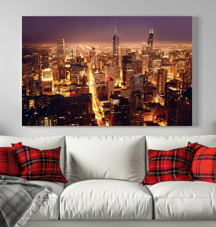 A large artwork showcasing the Chicago Night Skyline cityscape is elegantly displayed on a gallery-wrapped, museum-quality canvas.