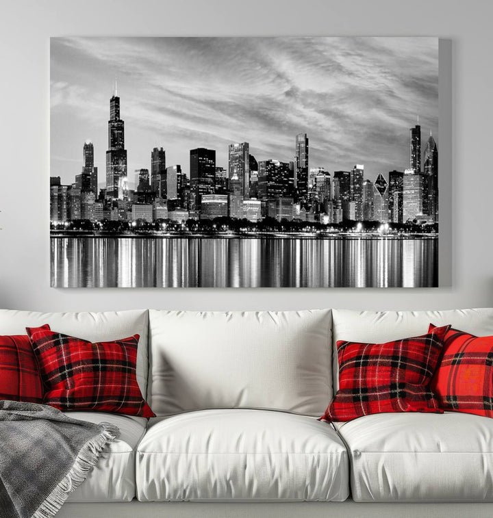 Chicago City Cloudy Skyline Black and White Wall Art Cityscape Canvas Print