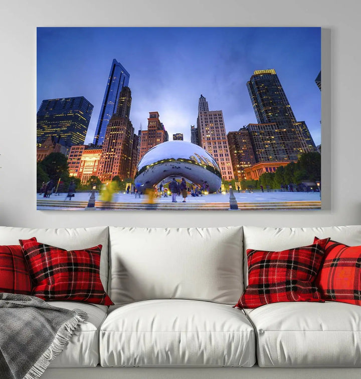 The Chicago Night Skyline Wall Art City Cityscape Canvas Picture Print, featuring the Bean sculpture, beautifully adorns the wall with its captivating depiction of the city's iconic scenery.