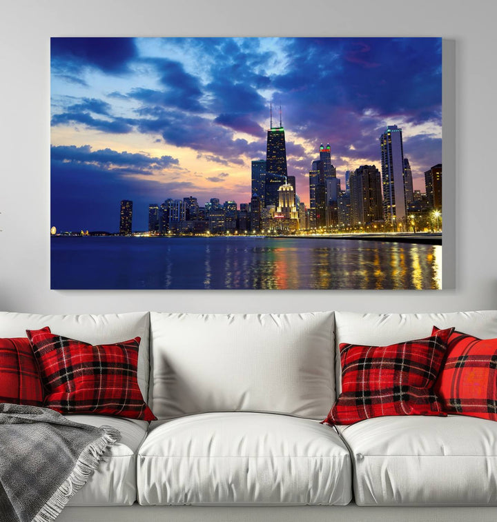 Chicago City Lights Night Cloudy Blue Skyline Cityscape View Wall Art Canvas Print