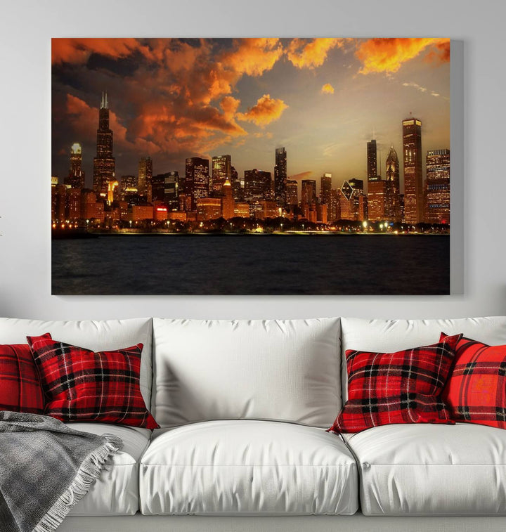 Chicago City Lights Coucher de soleil Orange Nuageux Skyline Paysage urbain Vue Art mural Impression sur toile