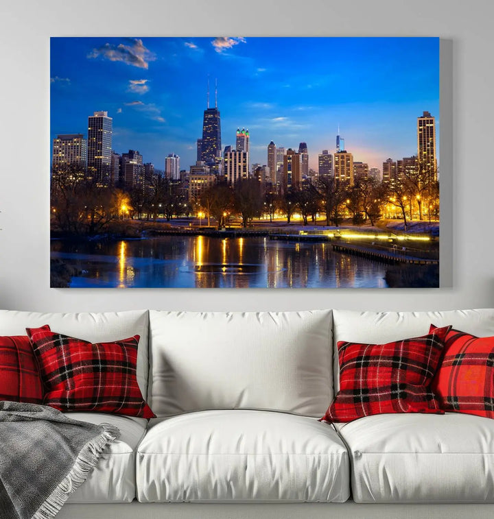 A triptych photo titled "Chicago City Lights Night Blue Skyline Cityscape View Wall Art Canvas Print" is elegantly displayed on gallery-wrapped, museum-quality canvases.