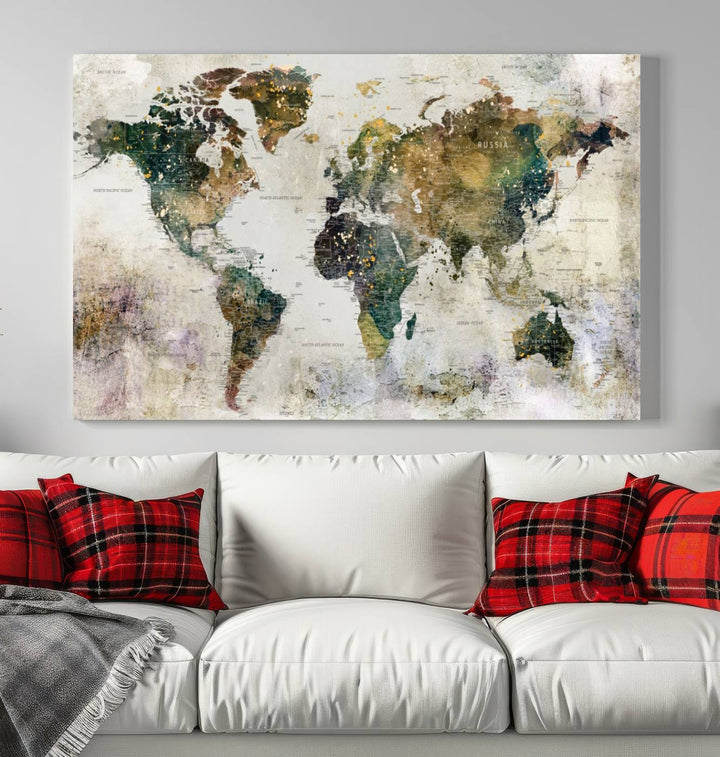 Carte du monde, impression d'art mural, carte sur toile, ensemble mural de 3 panneaux, cadeau, carte de voyage