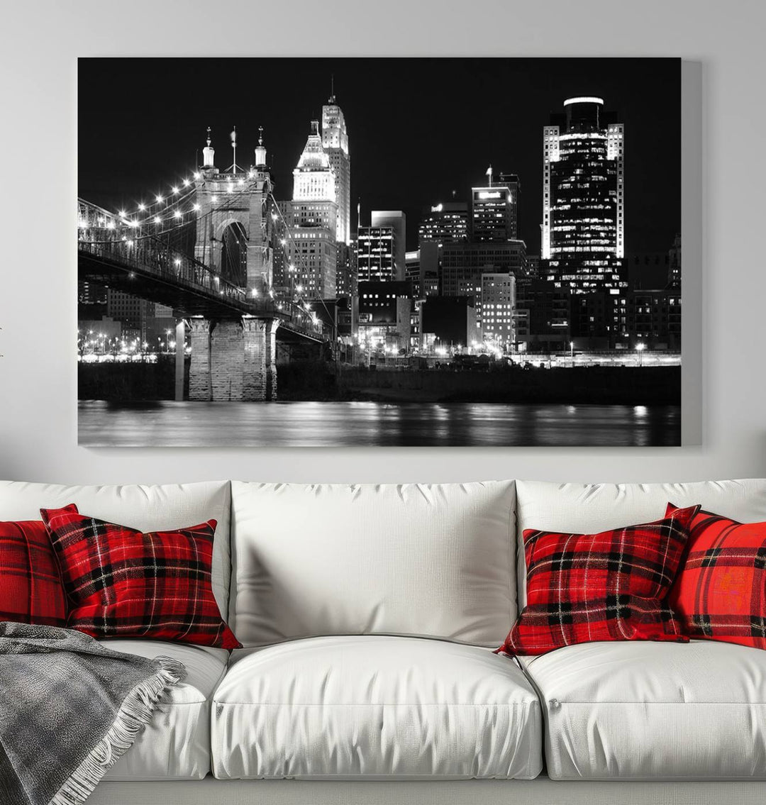 The Cincinnati City Skyline Black and White Wall Art Cityscape Canvas Print is prominently displayed.