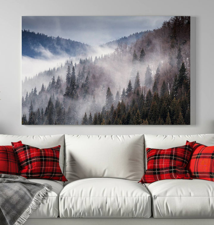 The "Beautiful Rising Fog in Winter Mountain Landscape" wall art is presented on museum-quality canvas, adding a striking visual element to the living room.