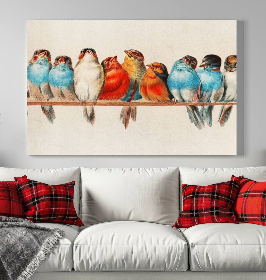 The Abstract Birds Wall Art Canvas Print, featuring a triptych of colorful birds perched on a branch, is printed on museum-quality canvas and equipped with a UV-protective coating and ready-to-hang design. This artwork adds vibrant elegance to your living space.