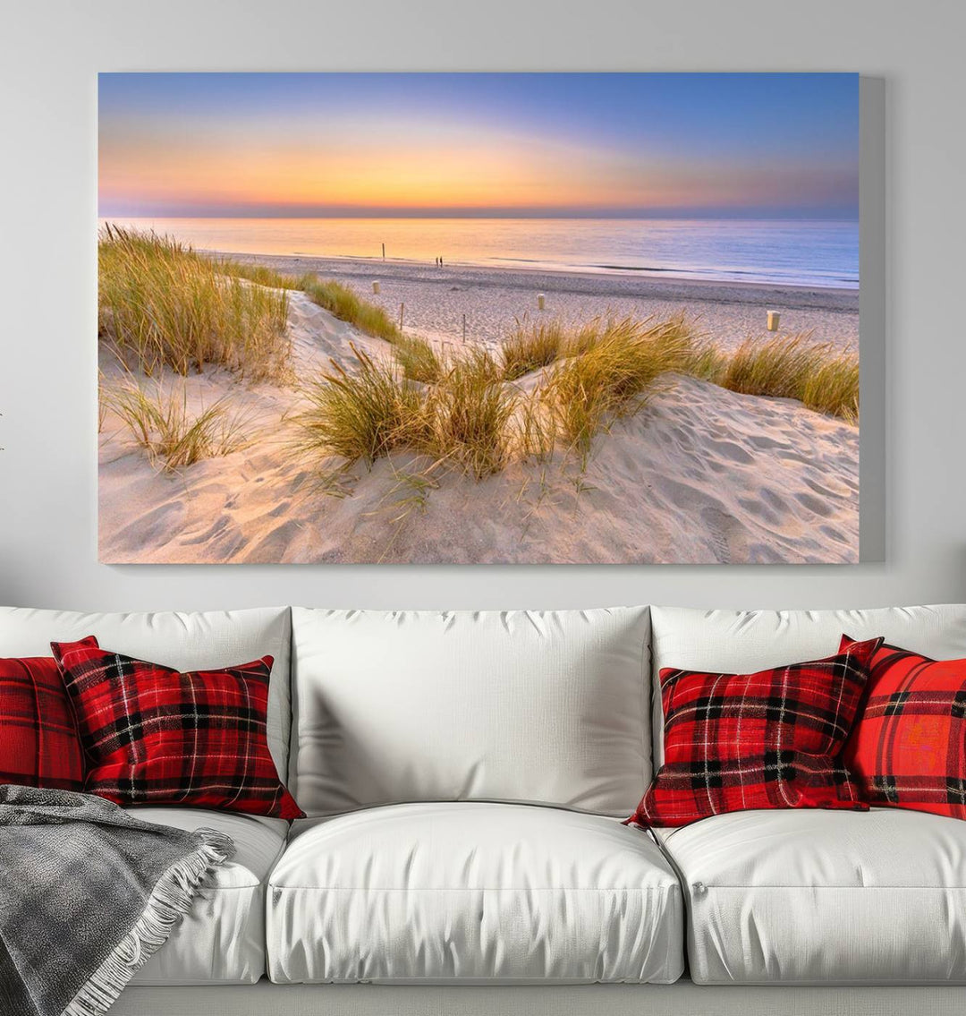 The "Sunset Silence on the Beach" wall art canvas print features a serene beach scene at sunset on museum-quality canvas with a UV-protective coating.