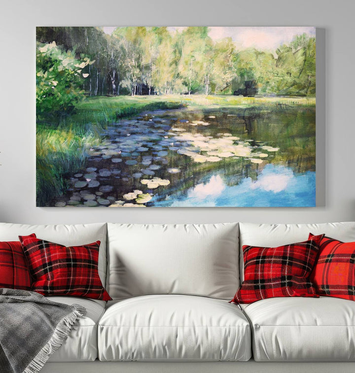 The "Forest Pond River Lake Wall Art Canvas Print" showcases a serene lakeside landscape with trees and water lilies. Crafted on museum-quality canvases and enhanced with UV-protective coating, this piece serves as an elegant addition to any space.