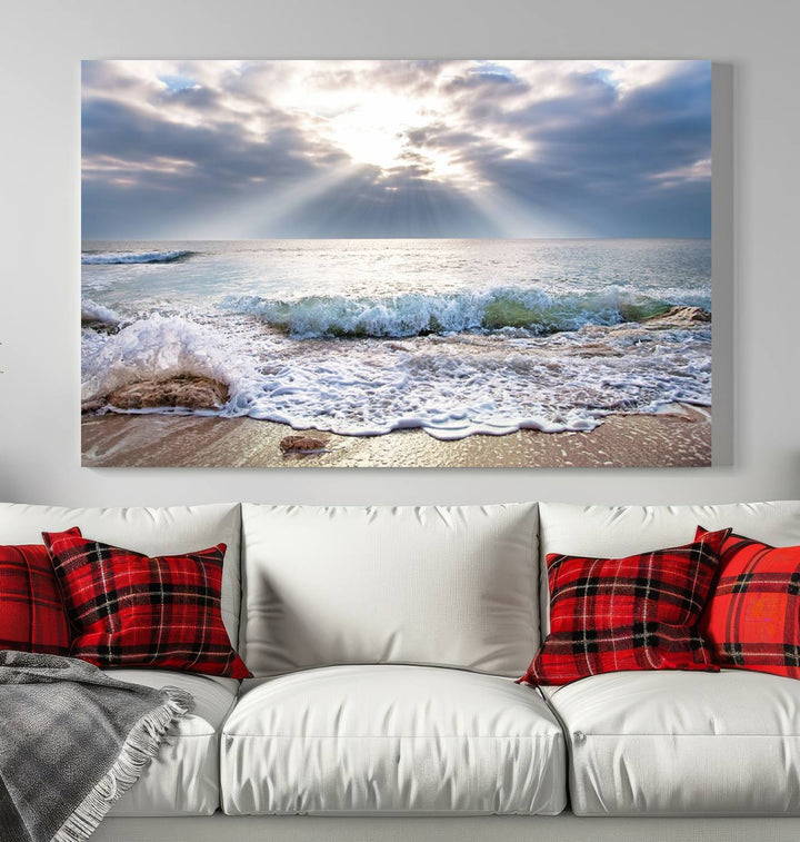 Sunset At The Beach Wall Art Canvas Print, showcasing a triptych of a tranquil ocean view with waves and sun rays, is printed on museum-quality canvas with UV-protective coating. Enjoy this artistic elegance with free shipping.