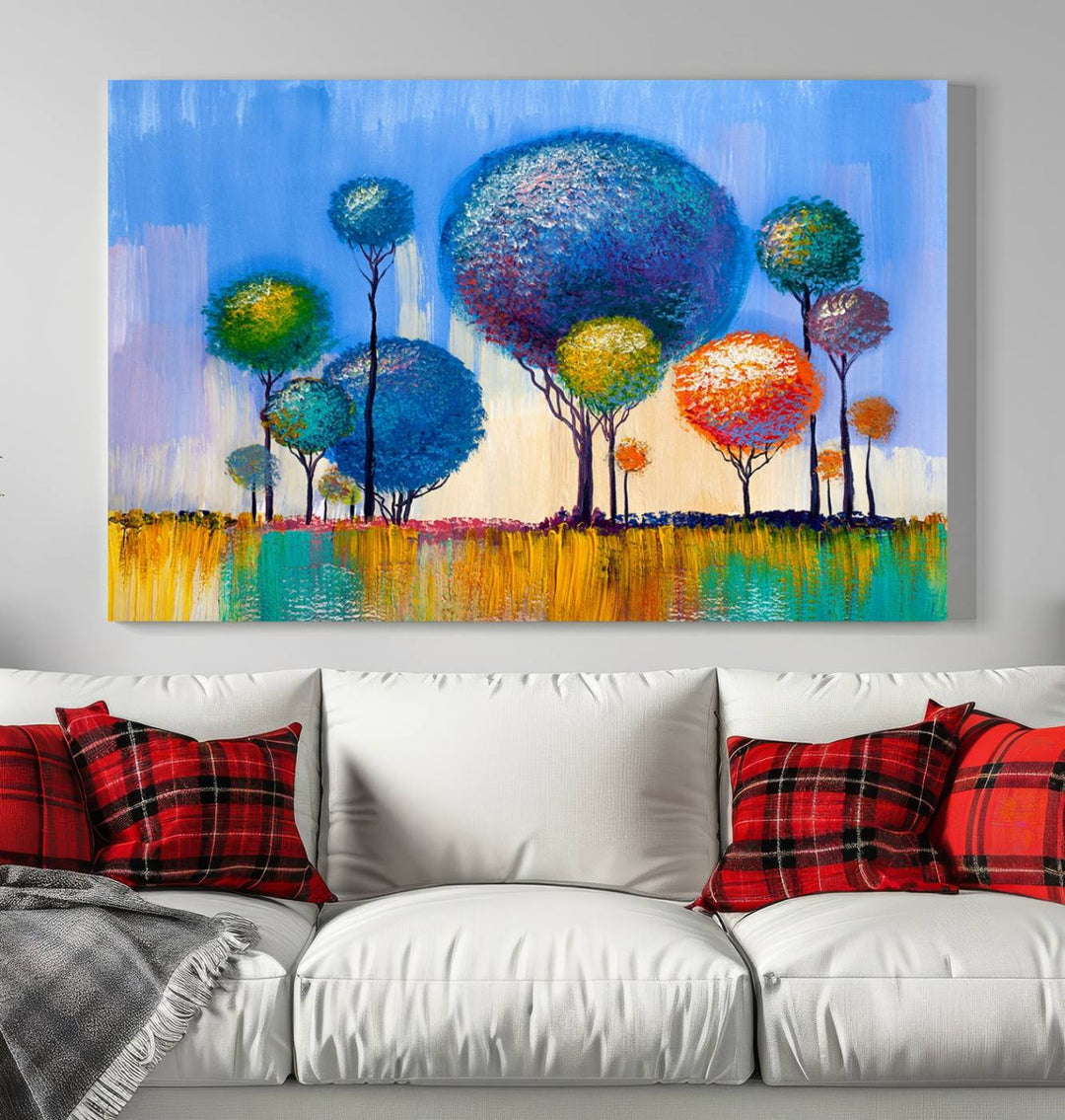 The vibrant "Oil Paint Effect Colorful Trees Wall Art Canvas Print," with its abstract depiction of round-topped trees on a blue background, is printed on museum-quality canvas and includes a UV-protective coating to maintain its bright colors.