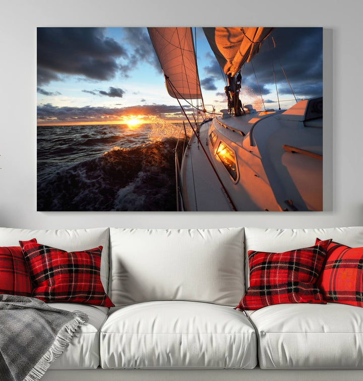 The modern living room is adorned with the Ocean Sunset Sailboat Wall Art, a triptych crafted on museum-quality canvas featuring UV-protective coating for lasting vibrancy.