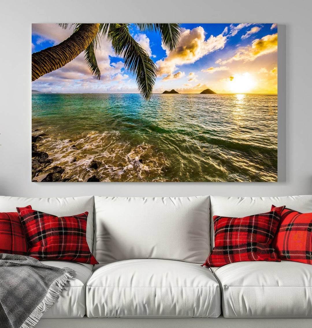 The Sunset Lake View Wall Art Canvas Print, gallery wrapped on a museum-quality canvas, enhances the vibrant living room decor with its UV-protective coating.