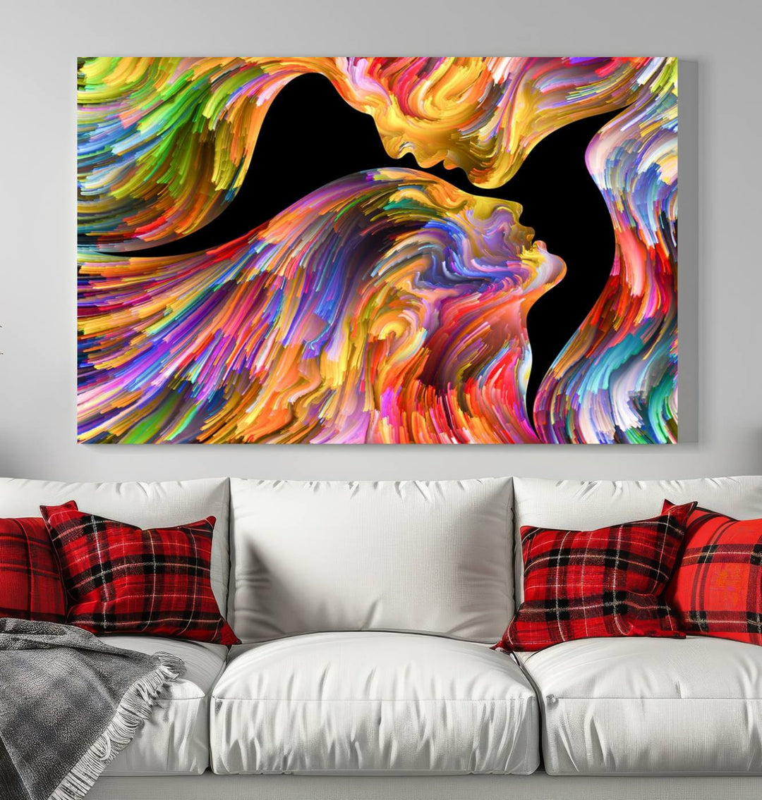 The Mix & Trend Vibrant Colors Abstract Wall Art Canvas Print features a colorful abstract depiction of two faces in profile with vibrant strokes. This museum-quality piece is gallery wrapped and finished with a UV-protective coating to preserve its vivid hues.