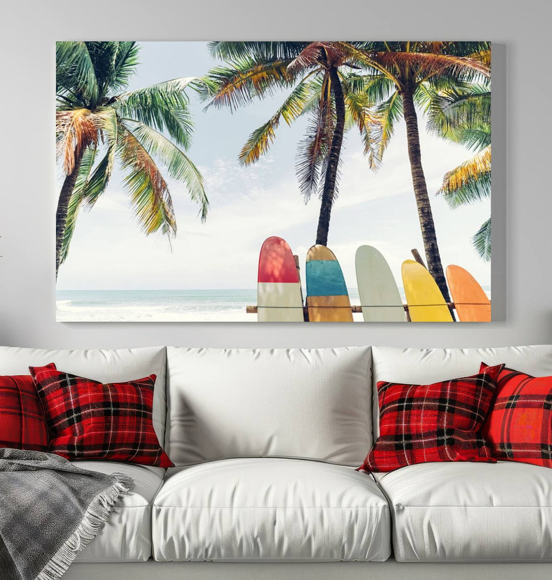 The room showcases The Palm and Surfing Board Wall Art Canvas Print, a triptych of palm trees and surfboards by the beach, elegantly gallery wrapped for a sophisticated finish.