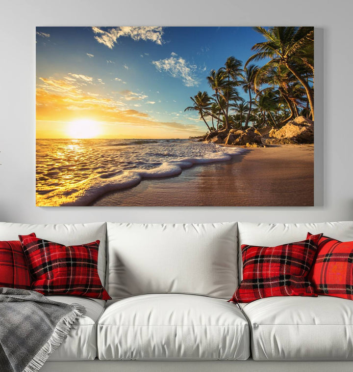 The wall features a Sunset Ocean View Beach Canvas Print, showcasing museum-quality craftsmanship by professional artisans.