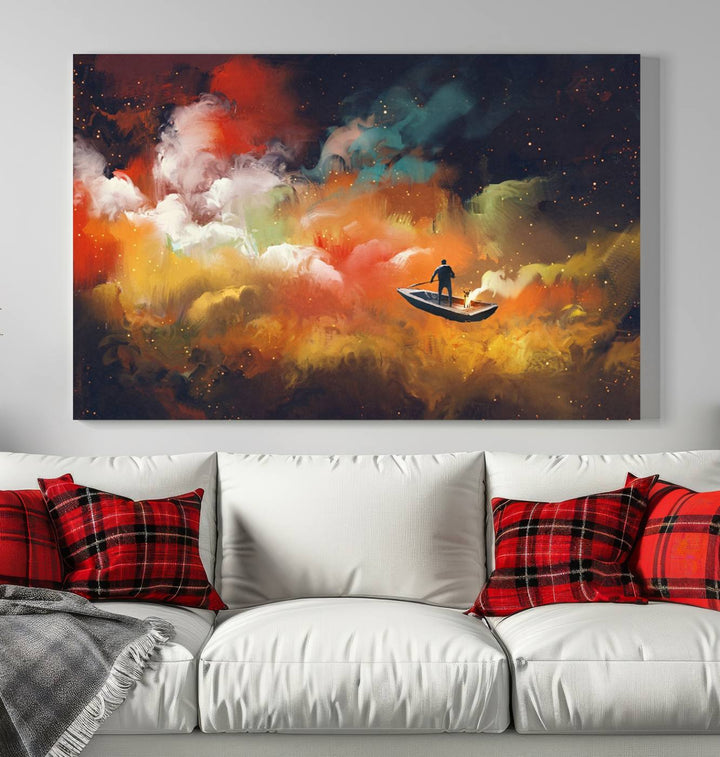 The "Surreal Space Adventure Canvas Wall Art" is a dreamlike abstract galaxy print with an astronaut among clouds, inviting you on a space adventure. This stunning piece comes framed and ready to hang, making it perfect for enhancing living room or bedroom decor.