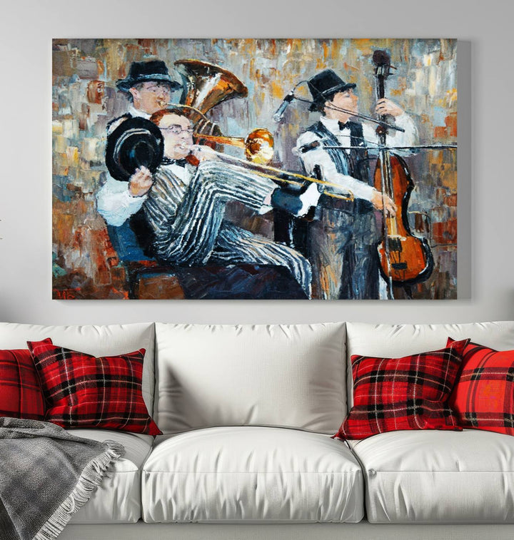 The Good Old Days Musicians Wall Art Canvas Print graces the wall, merging art with elegance. This museum-quality canvas comes with a UV-protective coating and is ready to hang.