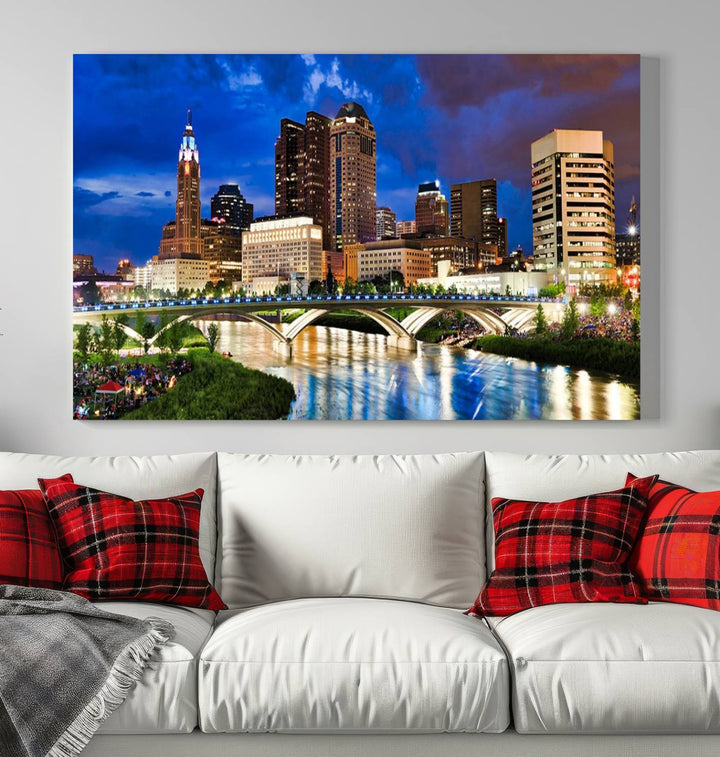 The Columbus City Lights Night Bright Blue Cloudy Skyline Cityscape View Wall Art Canvas Print, crafted on museum-quality canvas and finished with a UV-protective coating, adorns the wall.