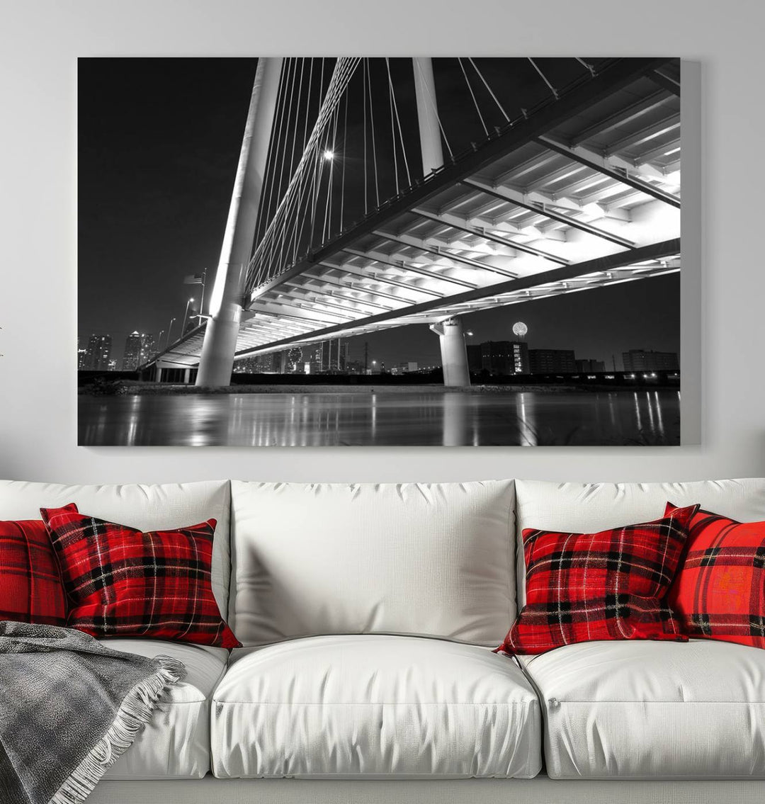 The modern living room features the museum-quality "Dallas City Bridge Lights Skyline Black and White Wall Art Cityscape Canvas Print," elegantly displayed on gallery-wrapped canvas.