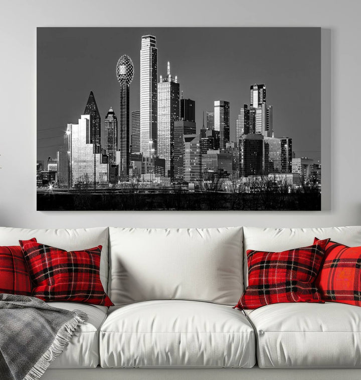 The Dallas City Skyline Black and White Wall Art Cityscape Canvas Print features a gallery-wrapped, museum-quality finish.