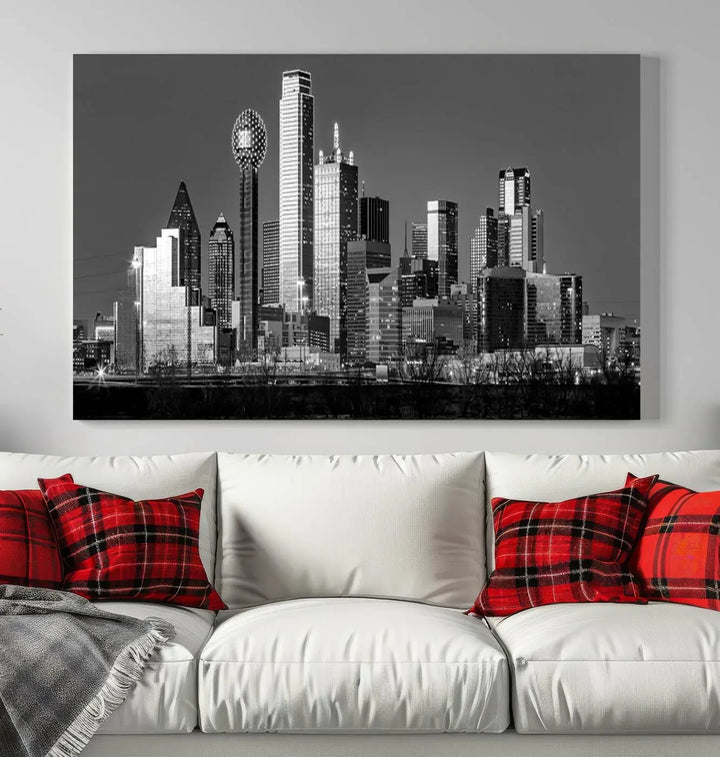 A black and white triptych of the Dallas city skyline is displayed, crafted on museum-quality canvas. This wall art piece is ready to hang, with each component adorned with a UV-protective coating to maintain its captivating appeal.