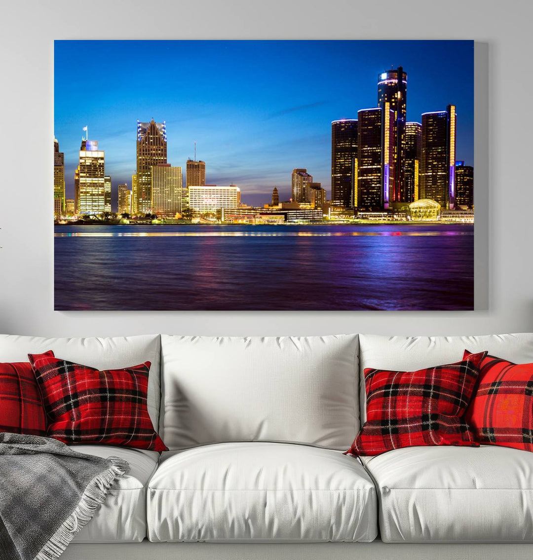 The living room features a breathtaking canvas print titled "Detroit City Lights Night Bright Blue Skyline Cityscape View," presented in a stunning triptych format on museum-quality canvases that are ready to hang.