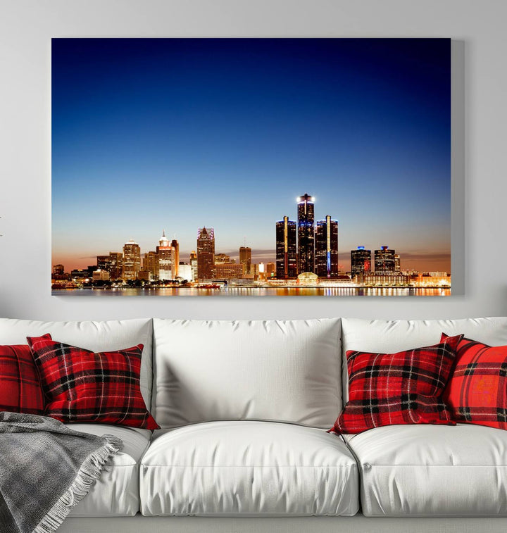 The Detroit City Lights Sunrise Skyline Cityscape View Wall Art Canvas Print adorns the modern living room. Crafted on museum-quality canvas with a UV-protective coating, this piece is ready to hang and elegantly elevates your décor.