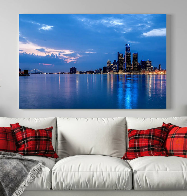 The "Detroit City Lights Night Blue Cloudy Skyline Cityscape View" wall art, displayed on museum-quality canvases, is split into three gallery-wrapped panels.