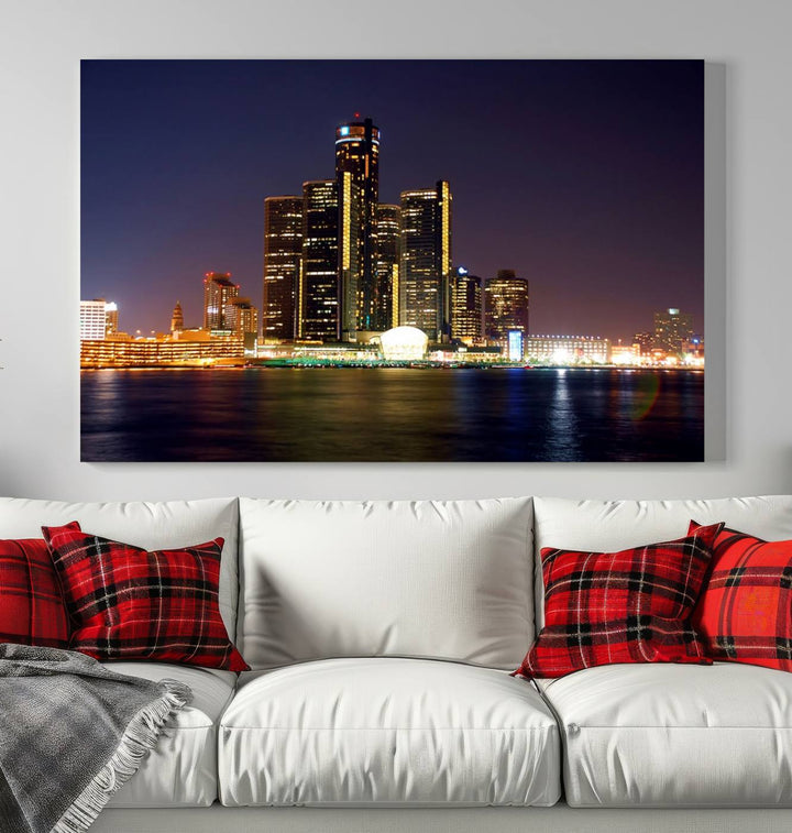 The Detroit City Lights Night Skyline Cityscape View Wall Art Canvas Print, elegantly split into three panels, is made from museum-quality pollycotton and gallery wrapped for a sophisticated touch. It is available with free shipping to effortlessly elevate your space.