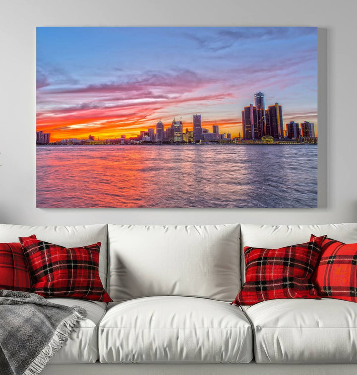 The Detroit City Lights Sunset Colorful Cloudy Skyline Cityscape View Wall Art Canvas Print showcases a vibrant city skyline at sunset over water. The artwork is museum-quality, comes ready to hang, and features a UV-protective coating to preserve its vivid colors.