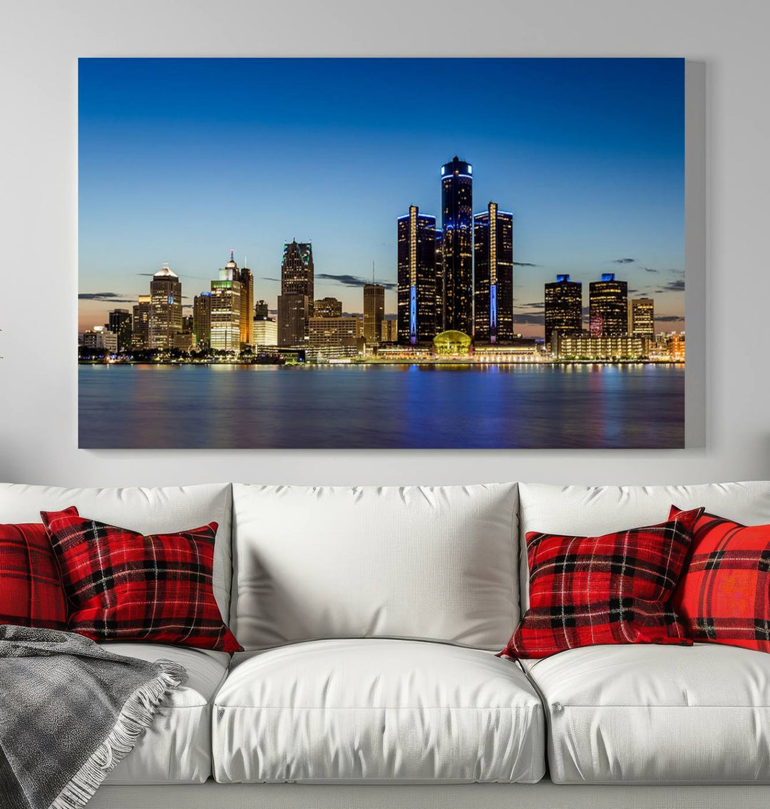 The "Detroit City Lights Sunrise Skyline Cityscape View Wall Art Canvas Print" on the wall is a triptych gallery-wrapped on museum-quality canvas, adding an elegant touch to the space.