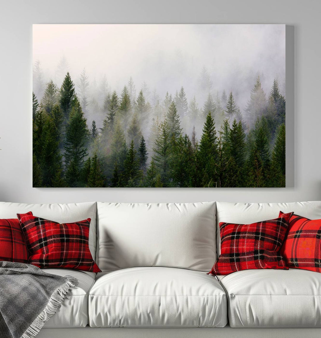 A 3-panel Misty Pine Forest Wall Art Canvas Print, featuring a green woodland scene, adorns the wall.