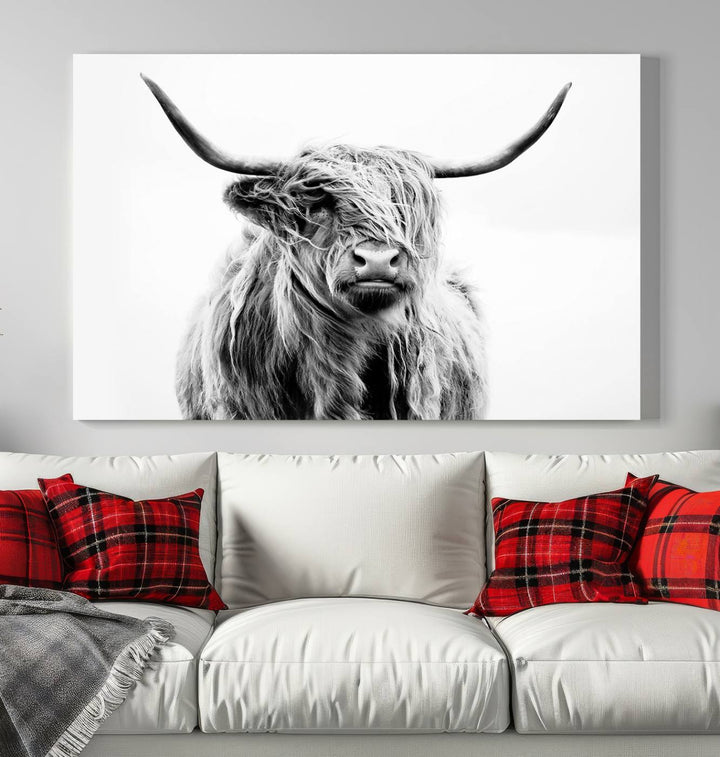 Lienzo de vaca de las Tierras Altas, arte de pared, decoración de granja, vaca, impresión en blanco y negro, decoración de pared rústica, pintura de animales, pared de vaca escocesa