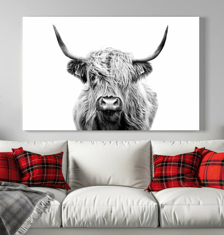 Lienzo de vaca de las Tierras Altas, arte de pared, decoración de granja, vaca, impresión en blanco y negro, decoración de pared rústica, pintura de animales, pared de vaca escocesa