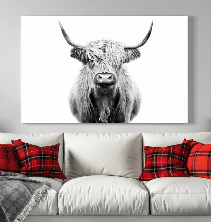 The wall art features a triptych of a Scottish Highland cow, printed on museum-quality canvases with a UV-protective coating. This decorative piece is known as the Highland Cow Canvas Wall Art Farm House Wall Art.