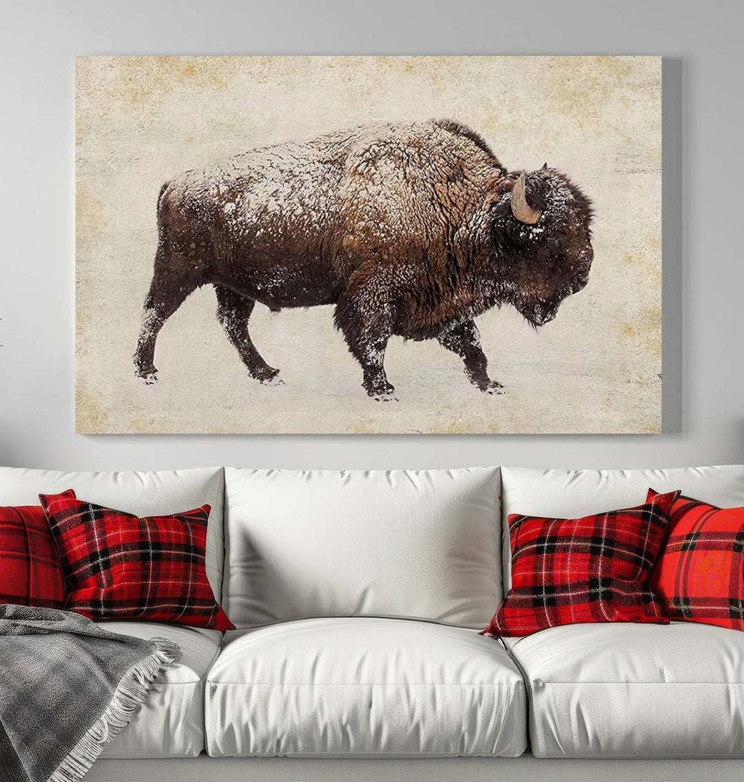 The "Buffalo Wall Art" canvas print, featuring a Western bison, hangs prominently, infusing the space with rustic cowboy and Western decor.