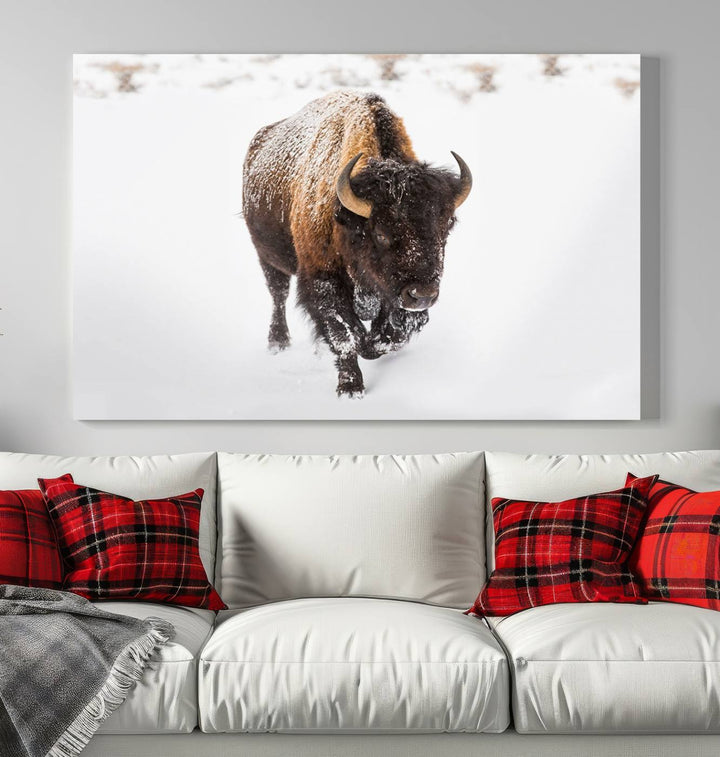 The Bison Winter Wall Art Canvas Print for Farmhouse Decor is displayed as a triptych in the living room. This artwork, printed on museum-quality canvases with a UV-protective coating to maintain its vibrant colors, is the focal point of the space.