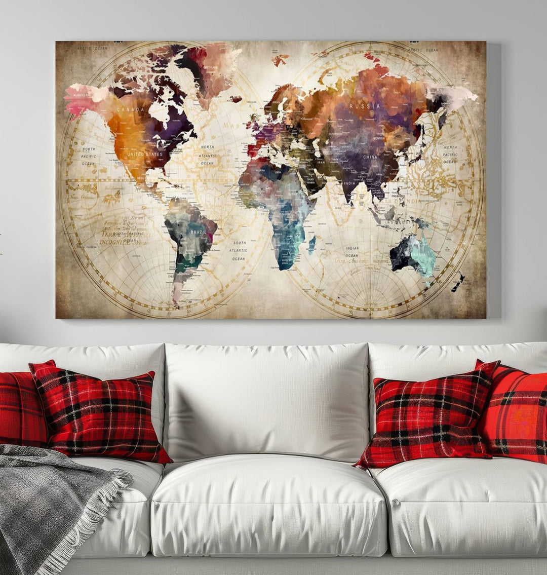 A World Map Wall Art Canvas Print featuring vibrant colors is crafted on museum-quality canvas, adding a touch of elegance to the room.