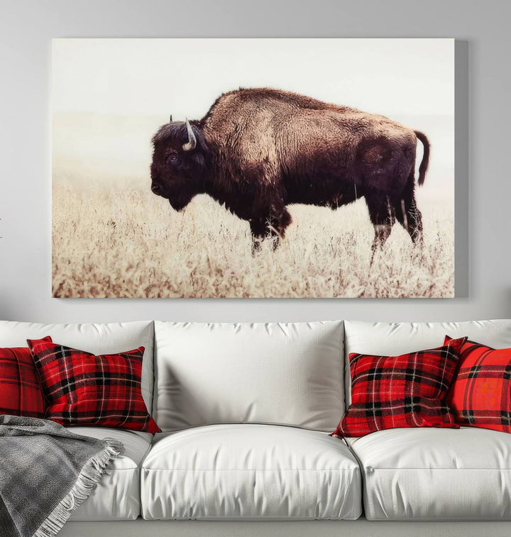 A stylish living room showcases the captivating "Bison in Field" Wall Art Canvas Print as farmhouse decor.