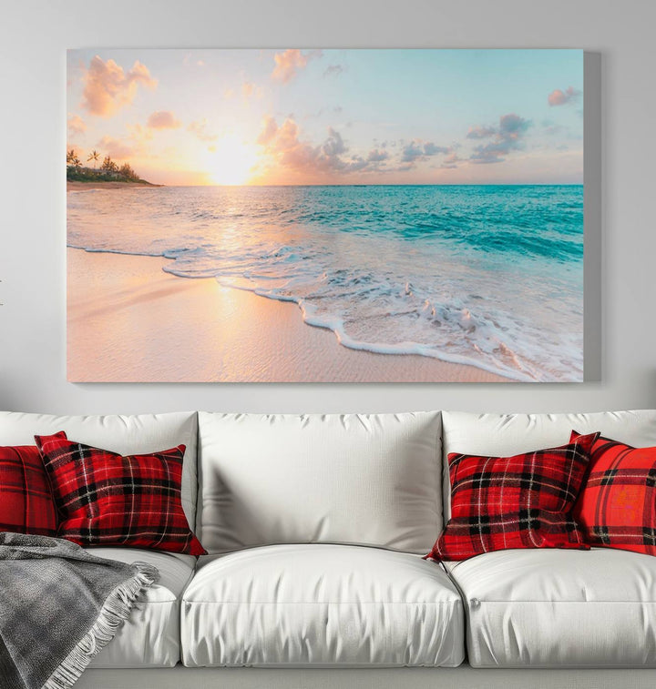 Beach Sunrise Wall Art, Coastal Seascape Canvas Print, Ocean Wave Multi-Panel Giclee, Coastal Sunset Beach Scene for Modern Decor