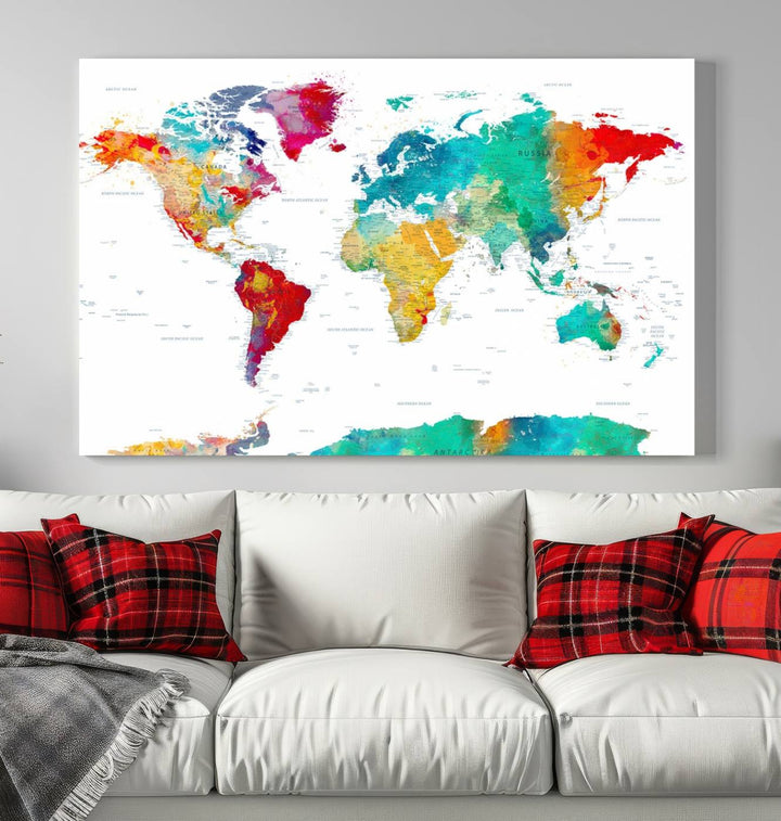 A stunning Colorful World Map Triptych Canvas Print, featuring a ready-to-hang framed design, adds vibrancy and modern flair to the space, effortlessly elevating the entire home décor.