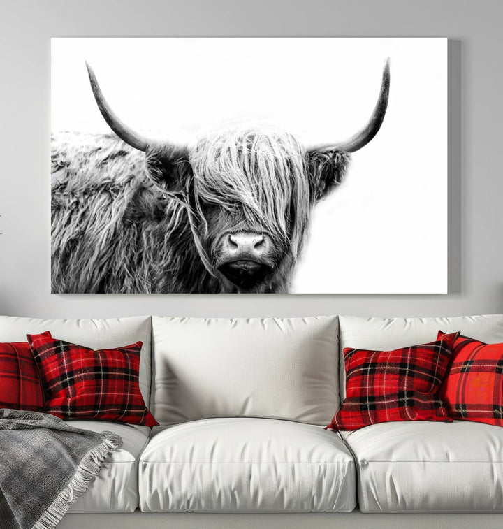 A museum-quality triptych titled "Black White Scottish Highland Cow Cattle Art Print Farmhouse Wall Art Canvas Print" embellishes the dark wall. The canvas is equipped with a UV-protective coating to ensure lasting vibrancy.